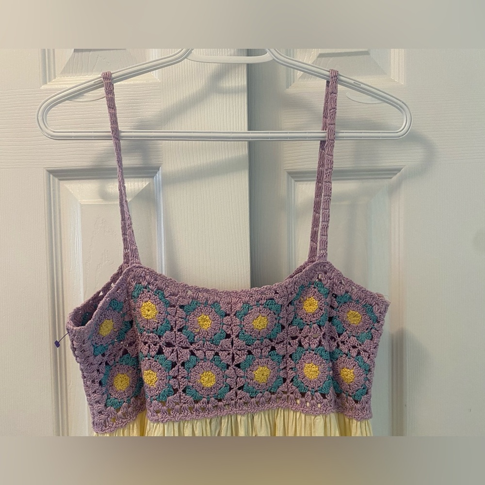 ASOS DESIGN | Crochet Granny Square Babydoll Dress | Cream/Yellow/Purple | 4 - Picture 7 of 14